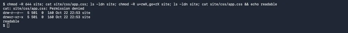 Terminal: after chmod -R 644 the cat command fails with Permission denied, and ls -ldn shows drw-r--r-- until chmod -R u+rwX,go+rX restores drwxr-xr-x