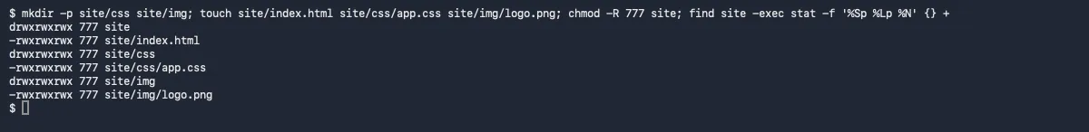 Terminal: chmod -R 777 site makes every file and directory show 777, with files as -rwxrwxrwx