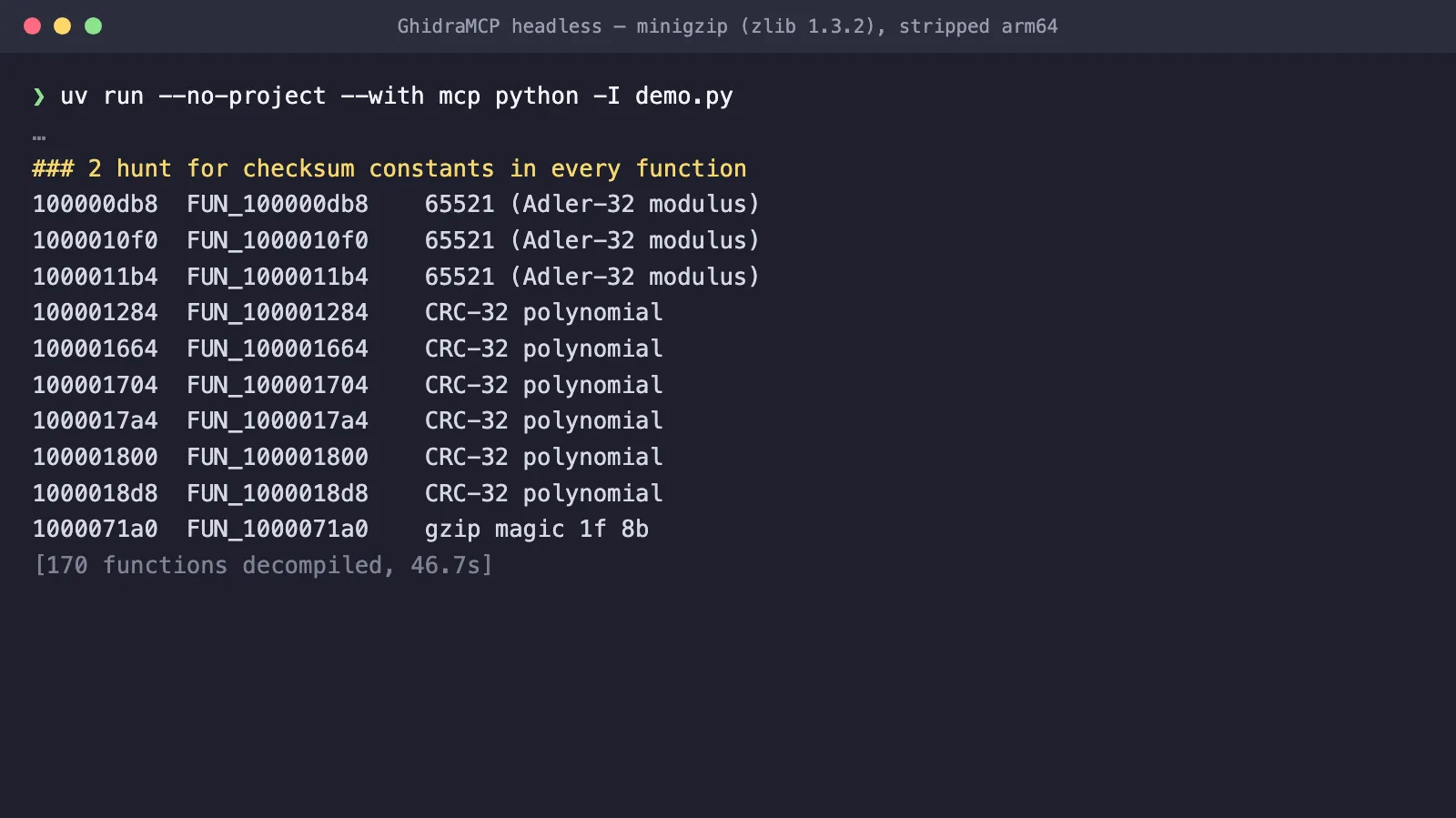 Terminal output of a GhidraMCP session listing the functions in a stripped minigzip binary that contain the Adler-32 modulus, the CRC-32 polynomial and the gzip magic number