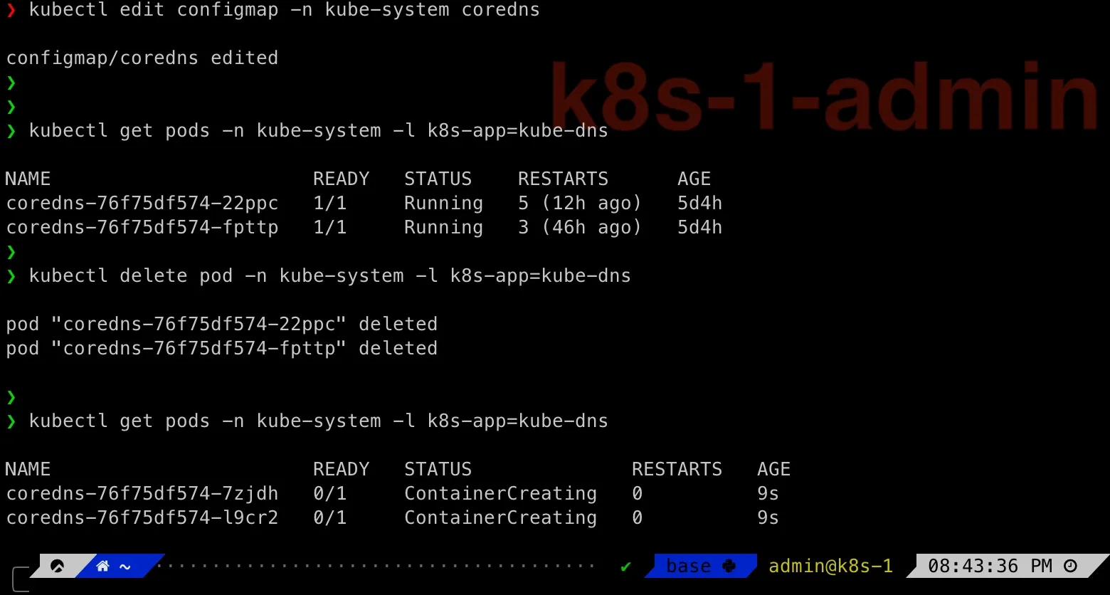 delete CoreDNS pods and check recreation