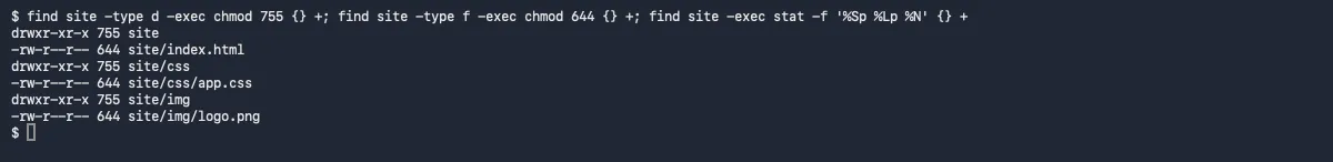Terminal: after the two find commands, directories show drwxr-xr-x 755 and files show -rw-r--r-- 644