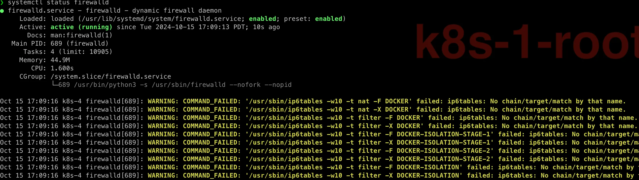 warning of firewalld when start after reboot system