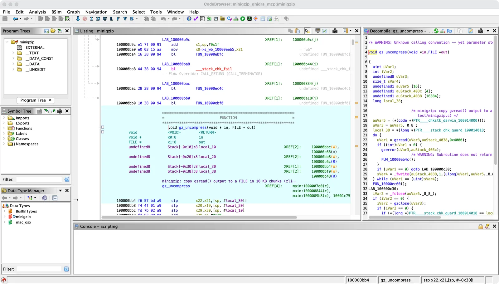 Ghidra CodeBrowser after the renames: the same address now shows void gz_uncompress(void *in, FILE *out) with the minigzip comment at the top, calls to gzread, gzerror and gzclose, and references from main