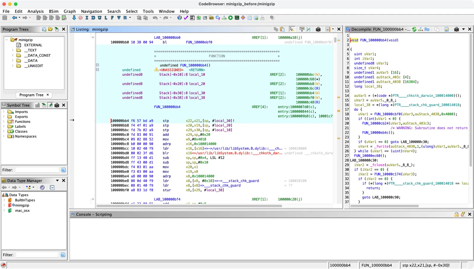 Ghidra CodeBrowser before the renames: at address 100000bb4 the Listing and Decompile windows show void FUN_100000bb4(void) calling FUN_10000cbf0, FUN_10000cb24 and FUN_10000c174, referenced from entry