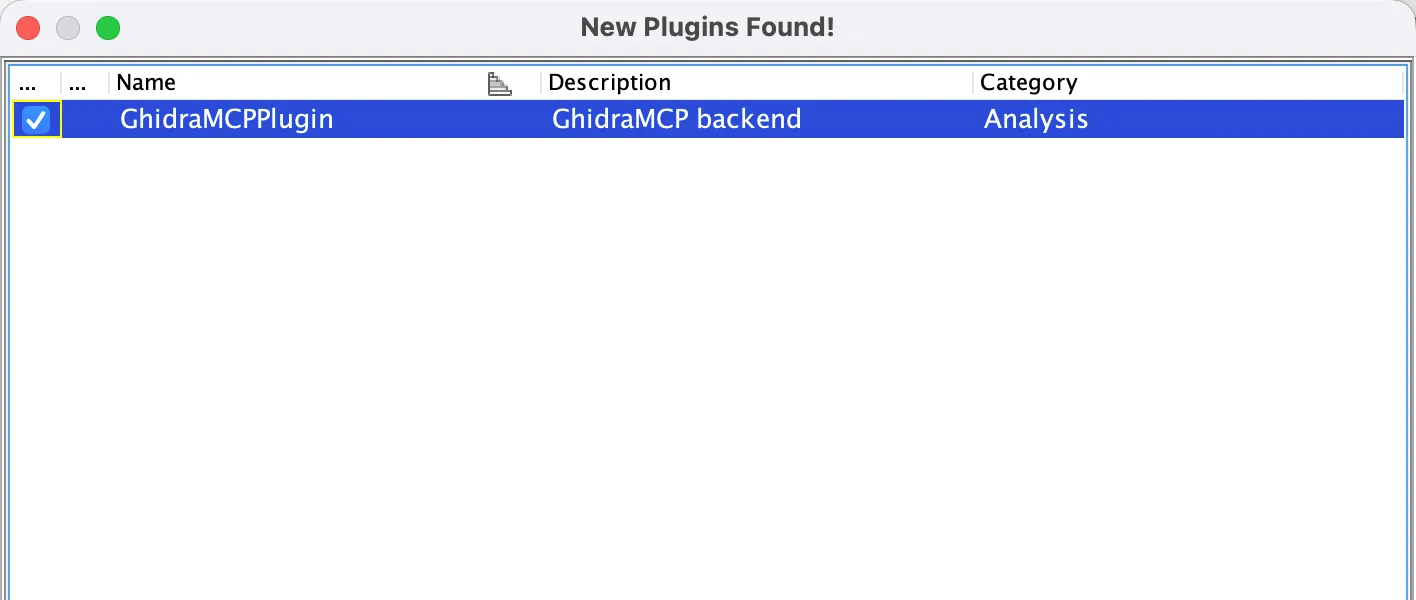 The New Plugins Found list with GhidraMCPPlugin ticked, description GhidraMCP backend, category Analysis