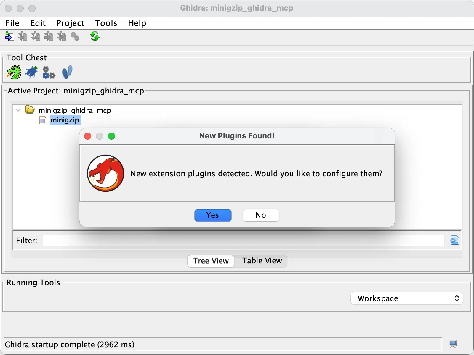 Ghidra project window with the dialog New Plugins Found: New extension plugins detected. Would you like to configure them? with Yes and No buttons