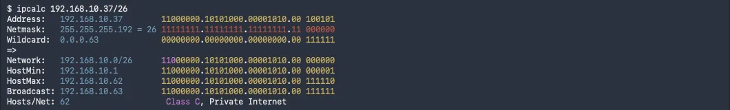 Terminal output of ipcalc for 192.168.10.37/26 showing address, netmask 255.255.255.192, wildcard 0.0.0.63, network 192.168.10.0/26, HostMin 192.168.10.1, HostMax 192.168.10.62, broadcast 192.168.10.63 and 62 hosts