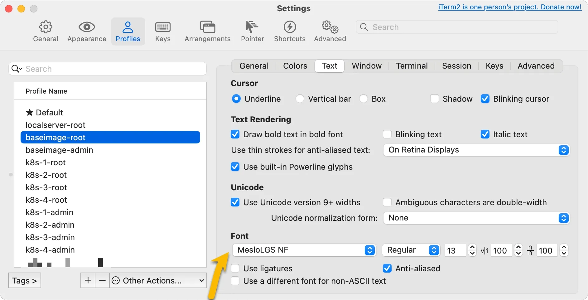 Kubernetes tutorial part 1: iterm2 font settings