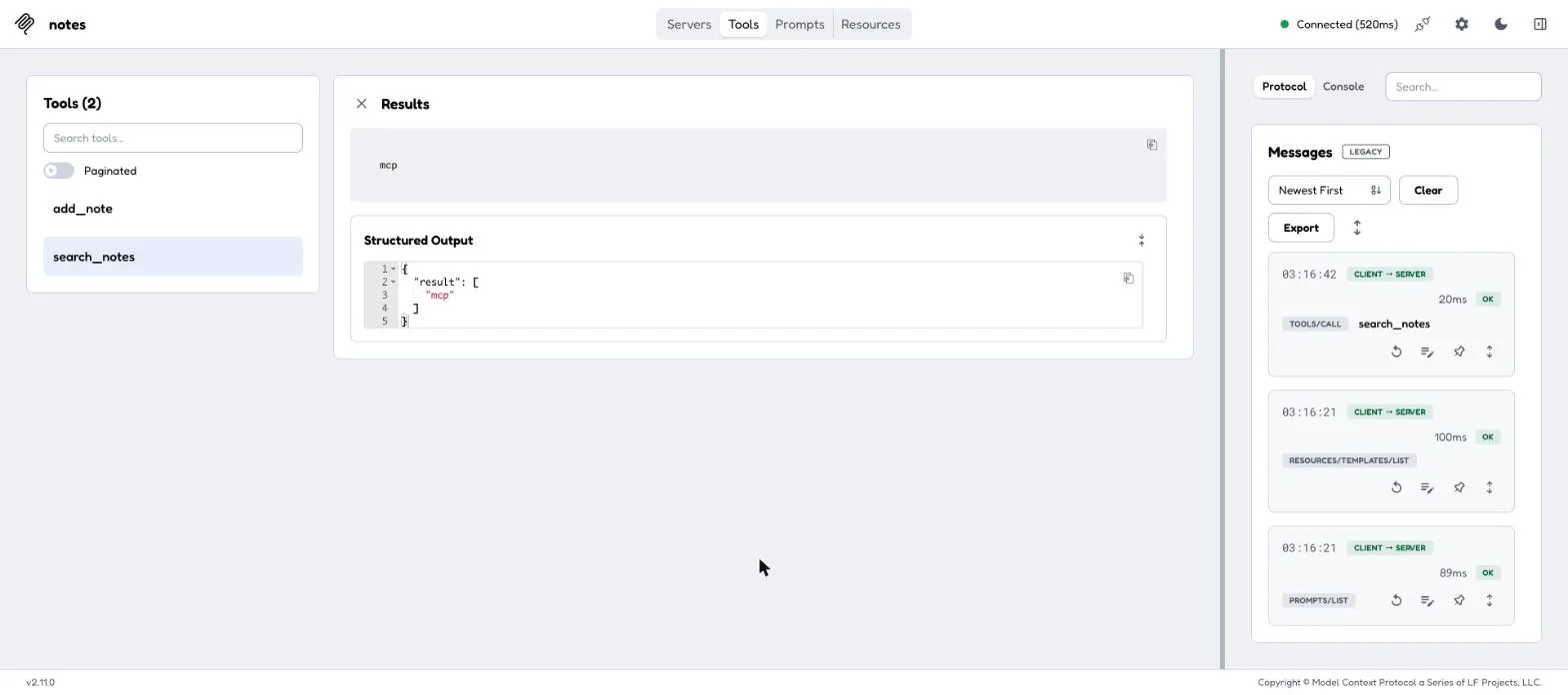 MCP Inspector connected to the notes server: the Tools tab lists add_note and search_notes, the search_notes result shows mcp with structured output, and the protocol log shows tools/call
