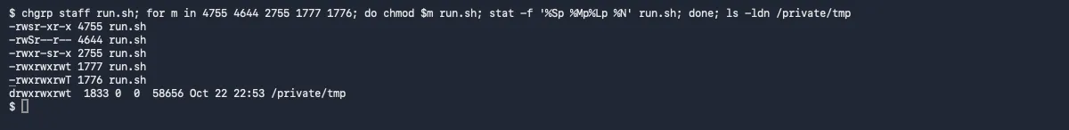 Terminal: 4755 shows -rwsr-xr-x, 4644 shows -rwSr--r--, 2755 shows -rwxr-sr-x, 1777 shows -rwxrwxrwt and 1776 shows -rwxrwxrwT, followed by the listing of /private/tmp