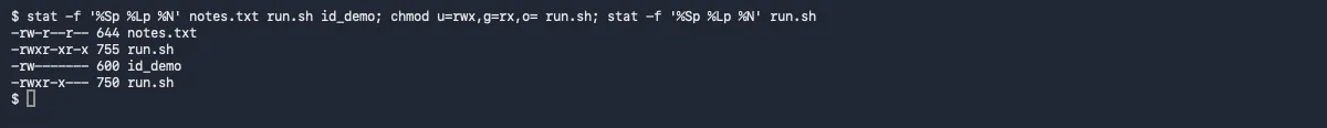 Terminal: stat shows 644, 755 and 600 before chmod u=rwx,g=rx,o= turns run.sh into -rwxr-x---