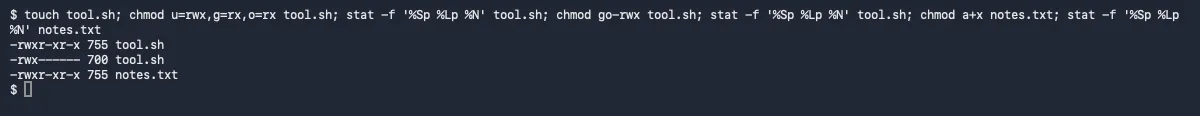 Terminal: chmod u=rwx,g=rx,o=rx gives -rwxr-xr-x 755, then chmod go-rwx gives -rwx------ 700, and chmod a+x turns notes.txt into -rwxr-xr-x 755