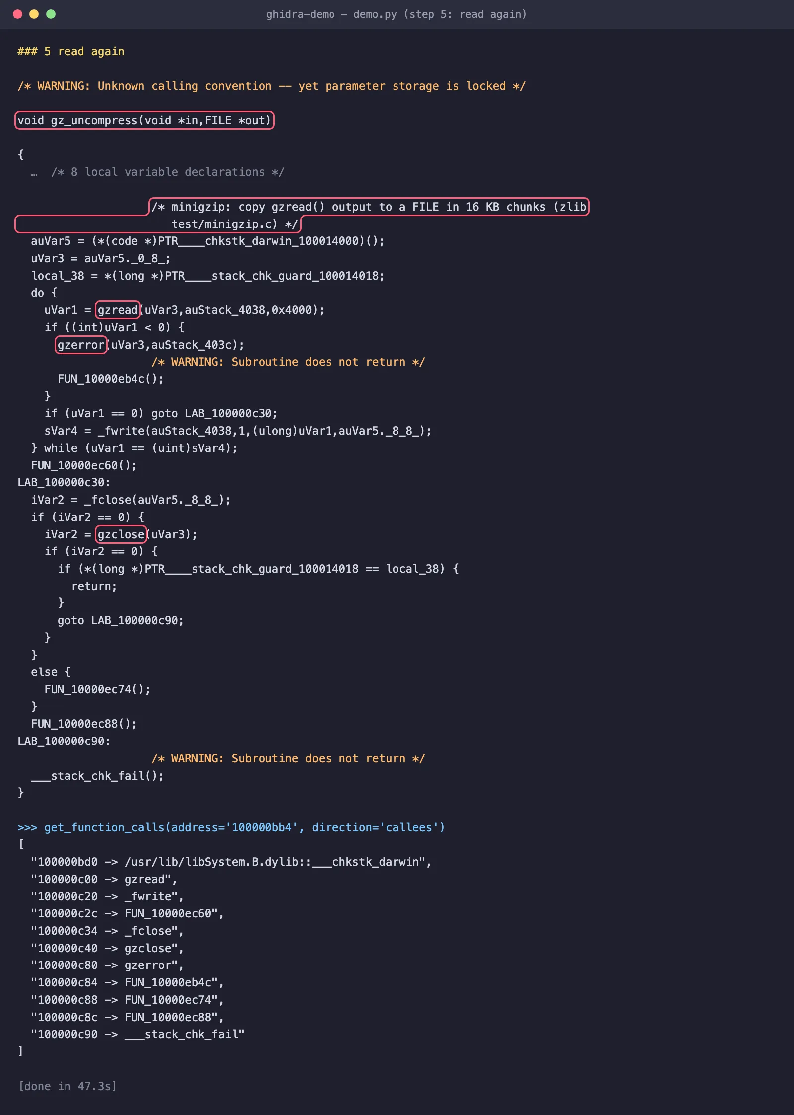 Terminal: decompiled gz_uncompress after the renames, with gzread, gzerror and gzclose named, the new prototype and the comment at the top highlighted, plus a list of its callees