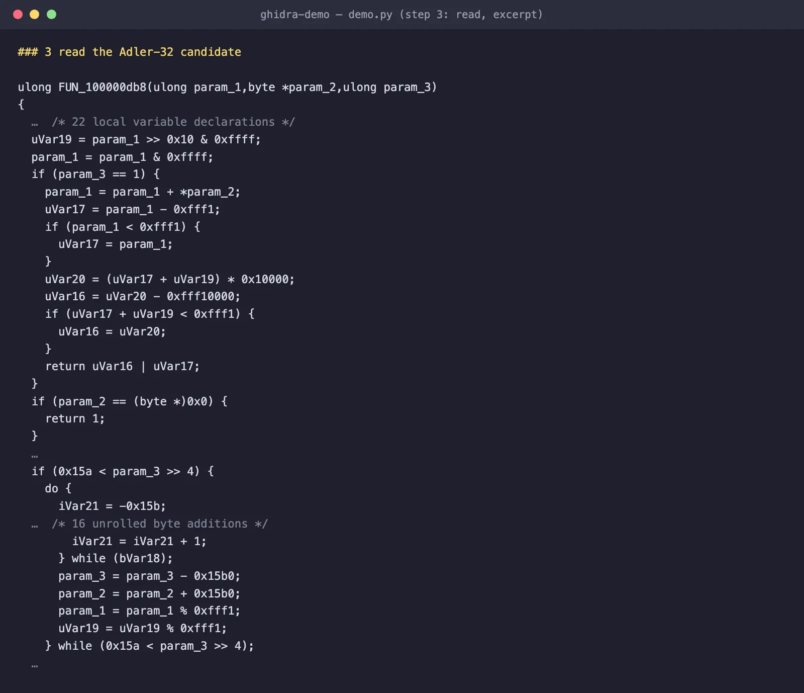 Terminal: decompiled FUN_100000db8 splits the input into two 16-bit halves, reduces modulo 0xfff1, and processes the buffer in blocks of 0x15b0 bytes