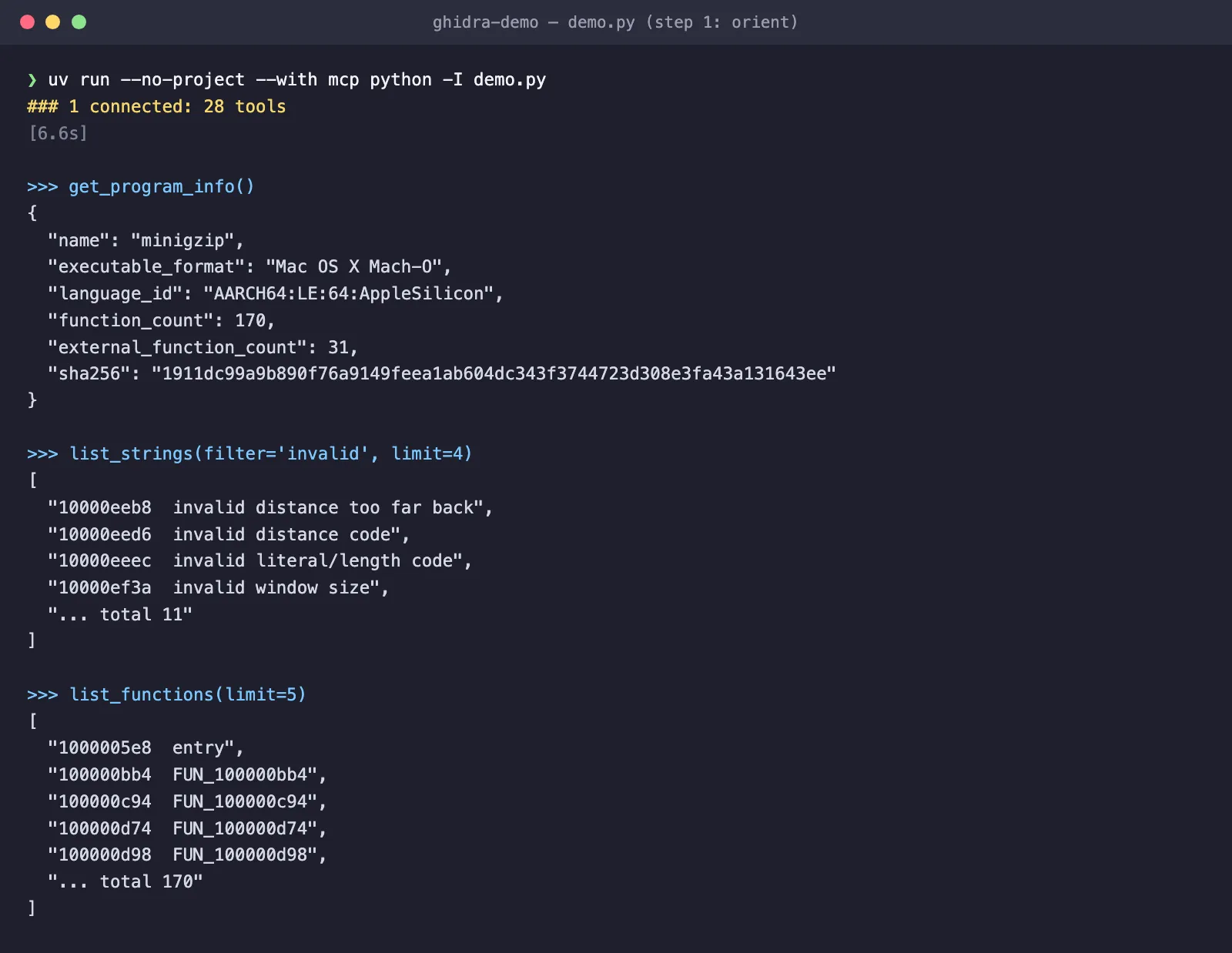 Terminal: demo.py connects to ghidra-mcp with 28 tools; get_program_info reports a Mach-O AARCH64 AppleSilicon binary with 170 functions; list_strings with filter invalid shows zlib inflate error messages; list_functions shows entry and FUN_ names