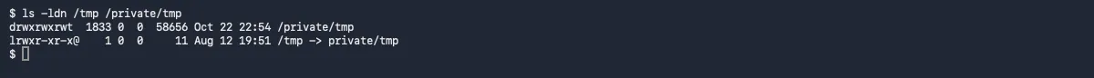 Terminal: ls -ldn shows /private/tmp as drwxrwxrwt and /tmp as a symlink pointing to private/tmp
